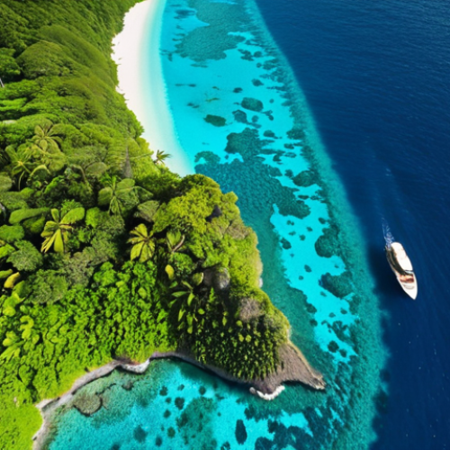 **Prompt:** A breathtaking aerial view of Tonga's pristine turquoise waters, revealing vibrant coral reefs teeming with colorful fish underwater. Lush green tropical forests with a glimpse of a hidden waterfall are visible on the volcanic islands, all bathed in warm sunlight, evoking a sense of untouched paradise and rich biodiversity.