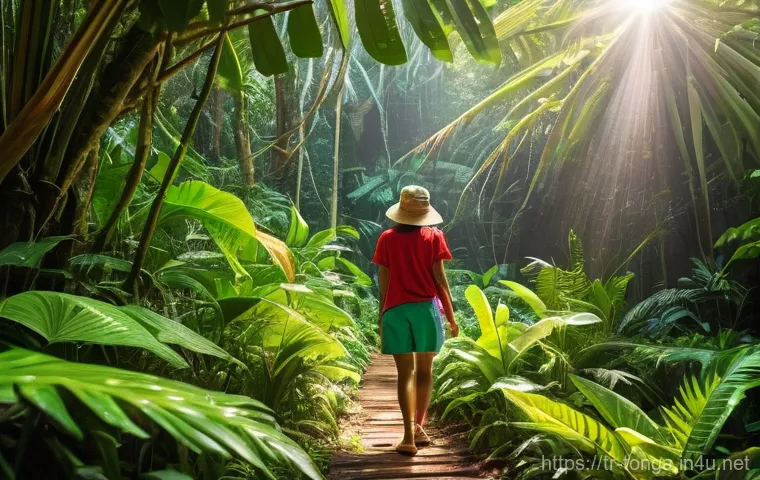 통가 기후 및 날씨 - **Prompt:** A vibrant, sun-dappled tropical rainforest in Tonga, immediately after a refreshing shor...