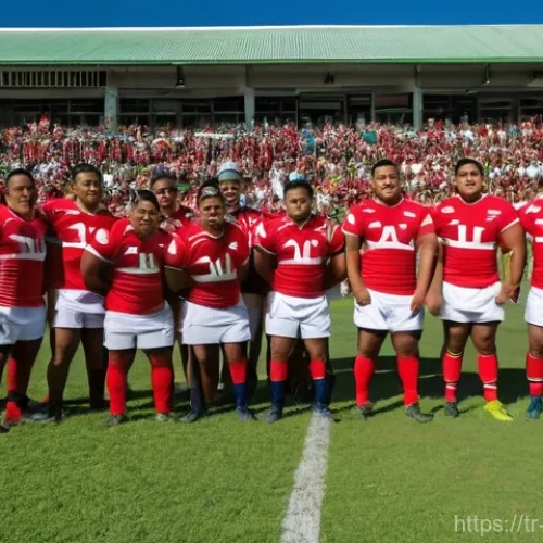 Home 14 통가에서 열린 스포츠 경기 역사 - **Prompt:** A dynamic, wide-angle shot of a group of powerful Tongan male rugby players performing t...