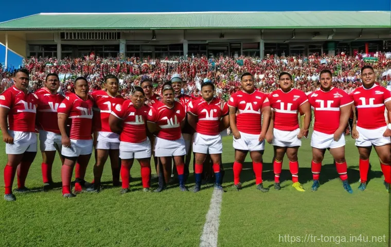 통가에서 열린 스포츠 경기 역사 - **Prompt:** A dynamic, wide-angle shot of a group of powerful Tongan male rugby players performing t...